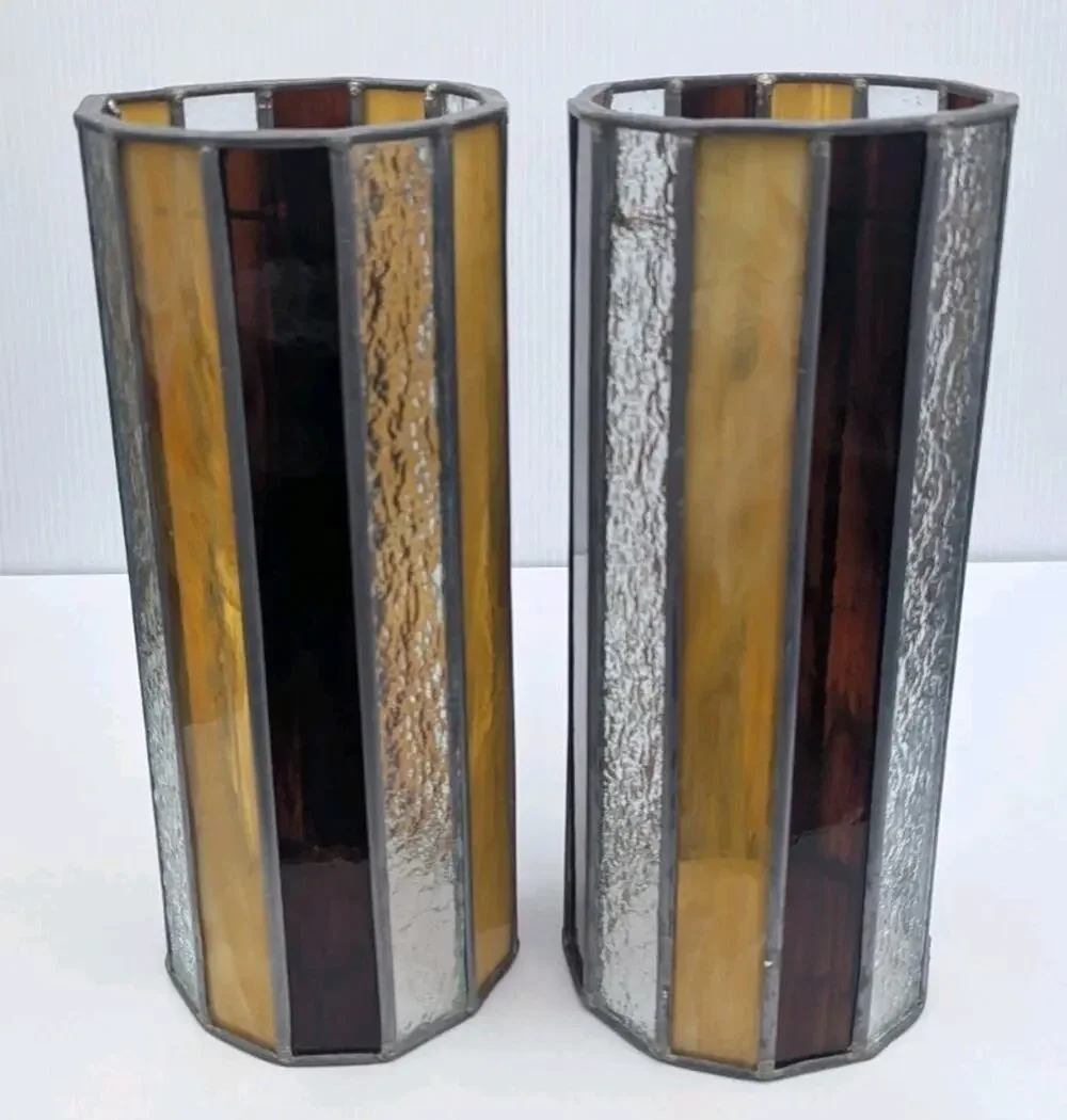 Vintage Stained Glass Tall Cylinder Swag Lamp Shades Lot of 2 Striped